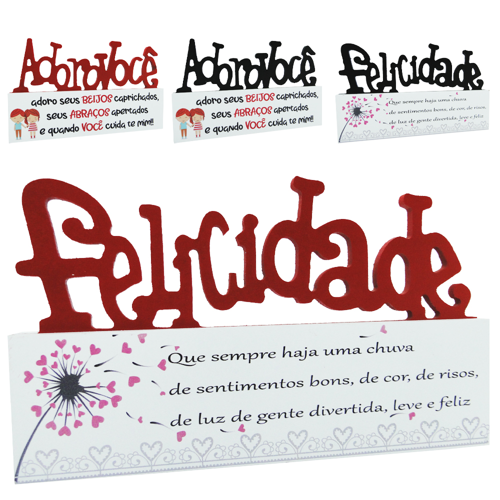 ENFEITE PALAVRA FELICIDADE / ADORO VOCE VERMELHO / PRETO COM BASE DE MADEIRA 24X14,5CM
