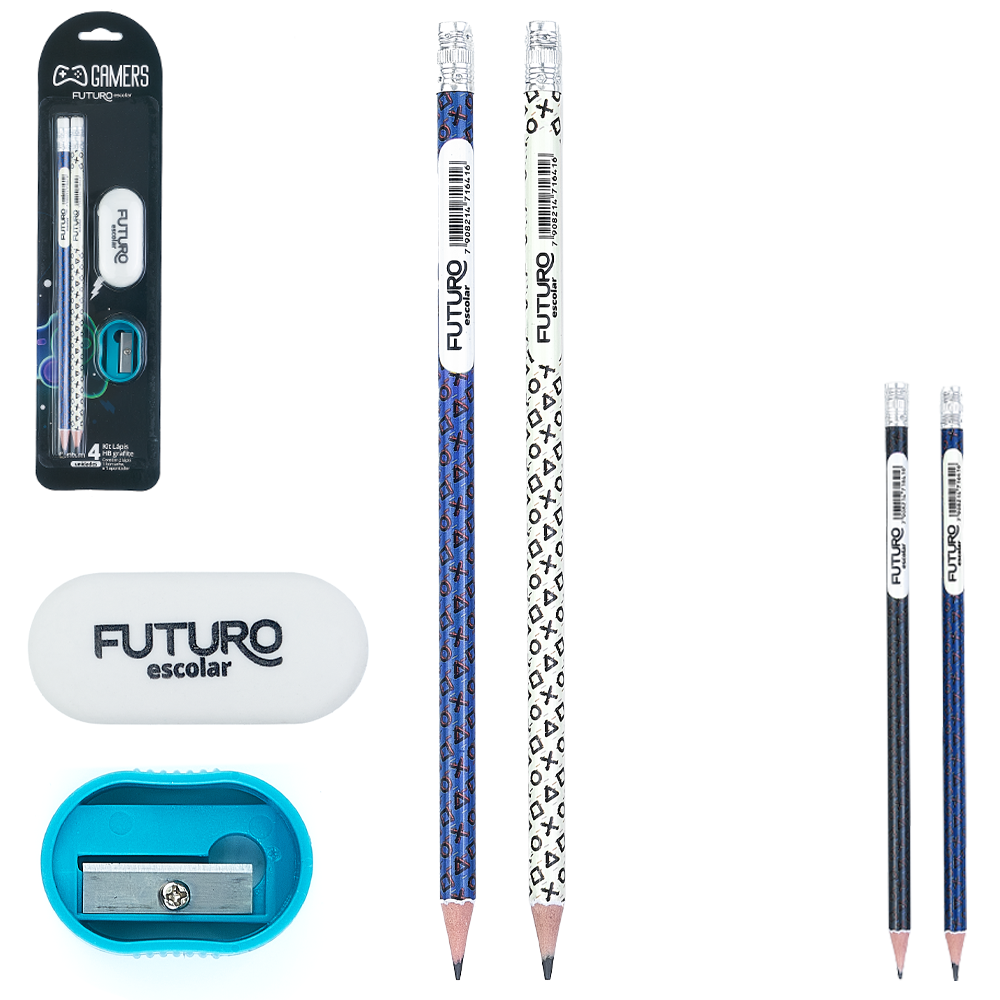 KIT ESCOLAR C/2 LAPIS HB GRAFITE REDONDO + APONTADOR + BORRACHA GAMERS FUTURO ESCOLAR FE092246 FUTURO