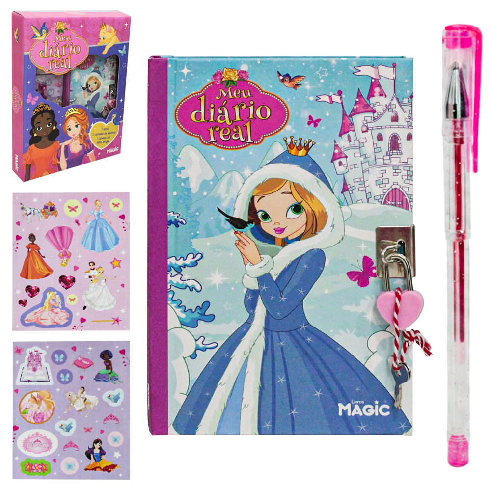 DIARIO PRINCESAS REAL COM CADEADO + CANETA GEL E ADESIVOS
