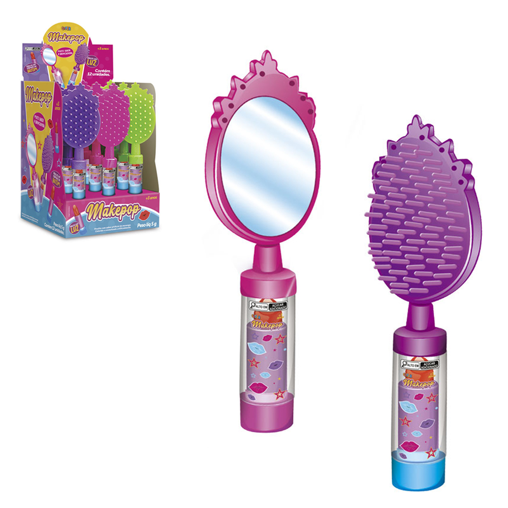 PIRULITO BATOM MAKEPOP COM LUZ + ESCOVA E ESPELHO DP PLAY COLORE
