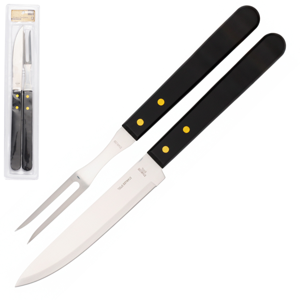 CONJUNTO DE FACA DE CHURRASCO 6,5'' + GARFO TRINCHANTE 6'' DE INOX CABO MADEIRA LONGO