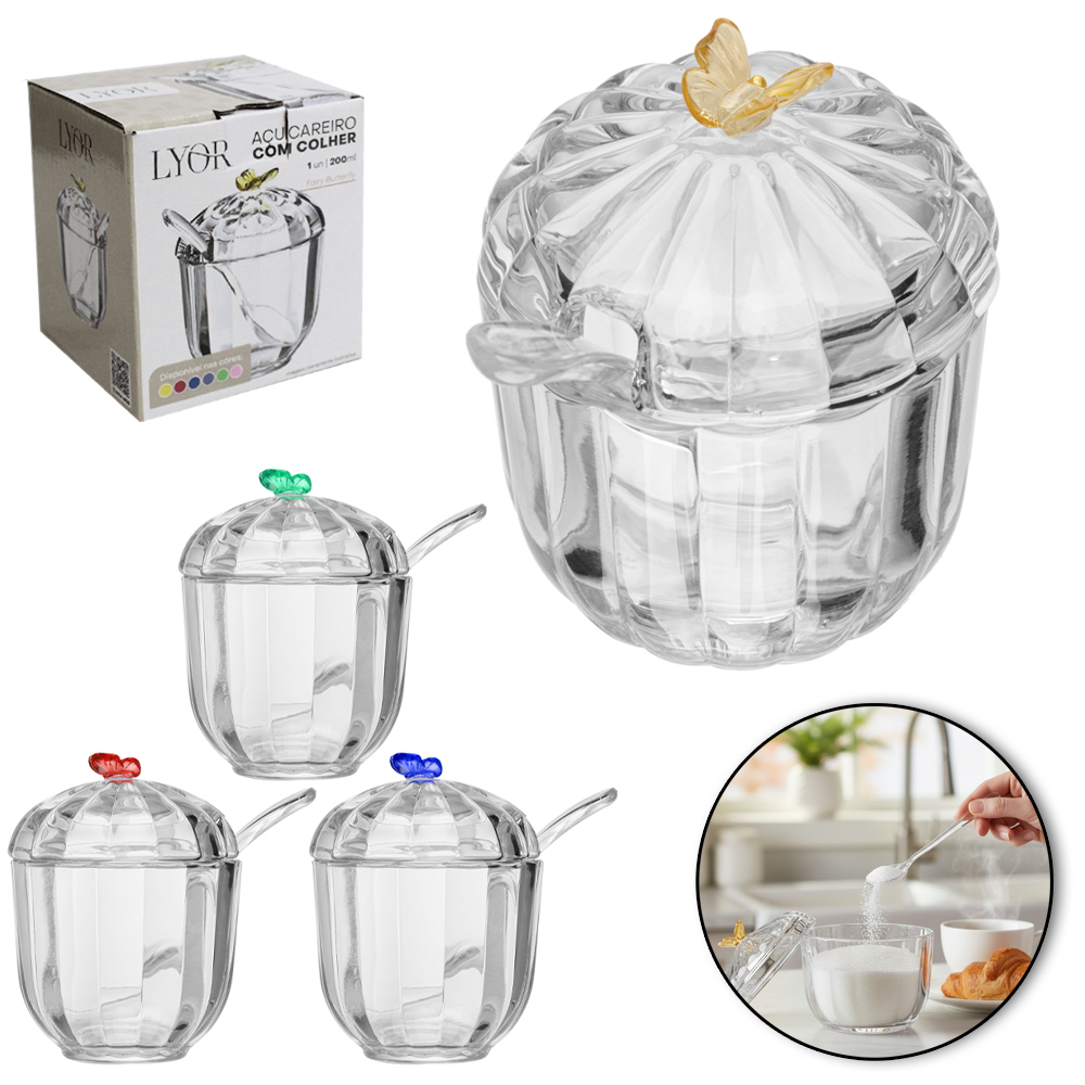 ACUCAREIRO/PORTA CONDIMENTO DE VIDRO CRISTAL C/TP. + COLHER DE ACRILICO FAIRY BUTTERFLY 200ML 220930 LYOR