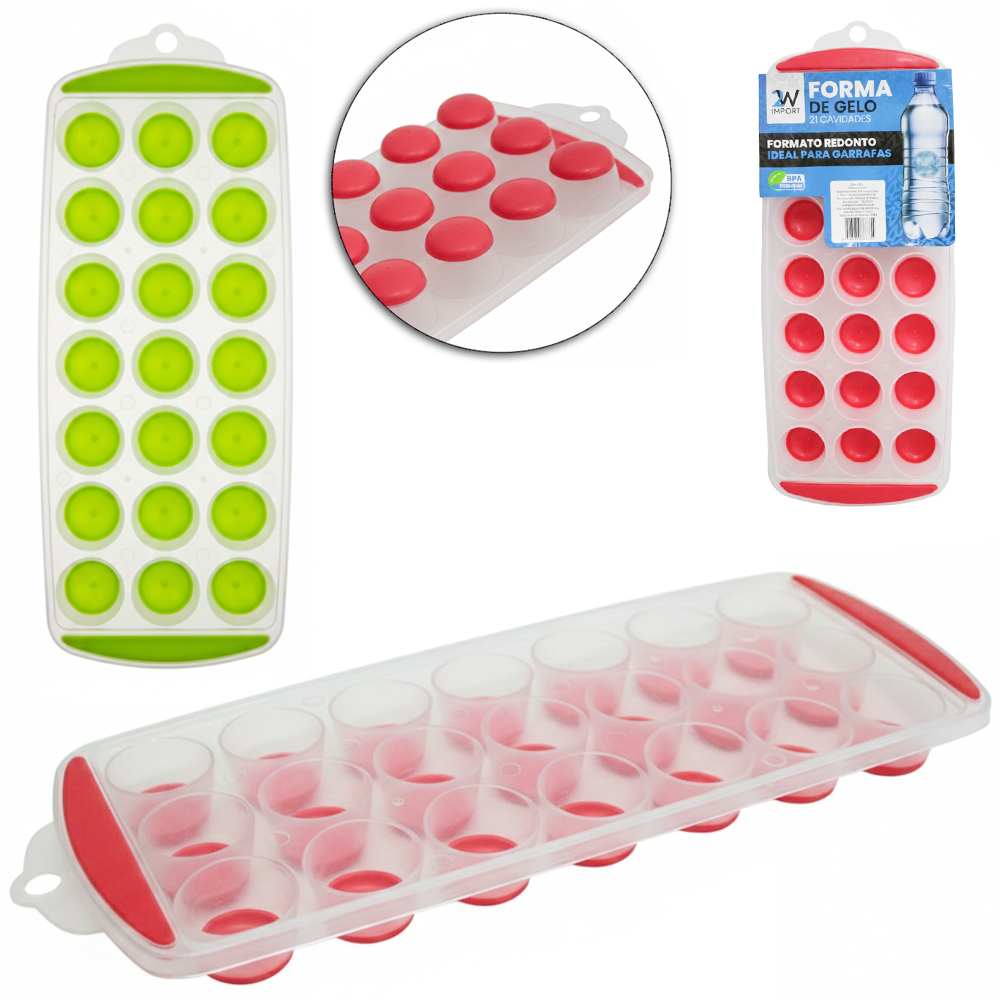 FORMA DE GELO COM 21 CAVIDADES REDONDA DE SILICONE / PLASTICO 29,5X12X2CM