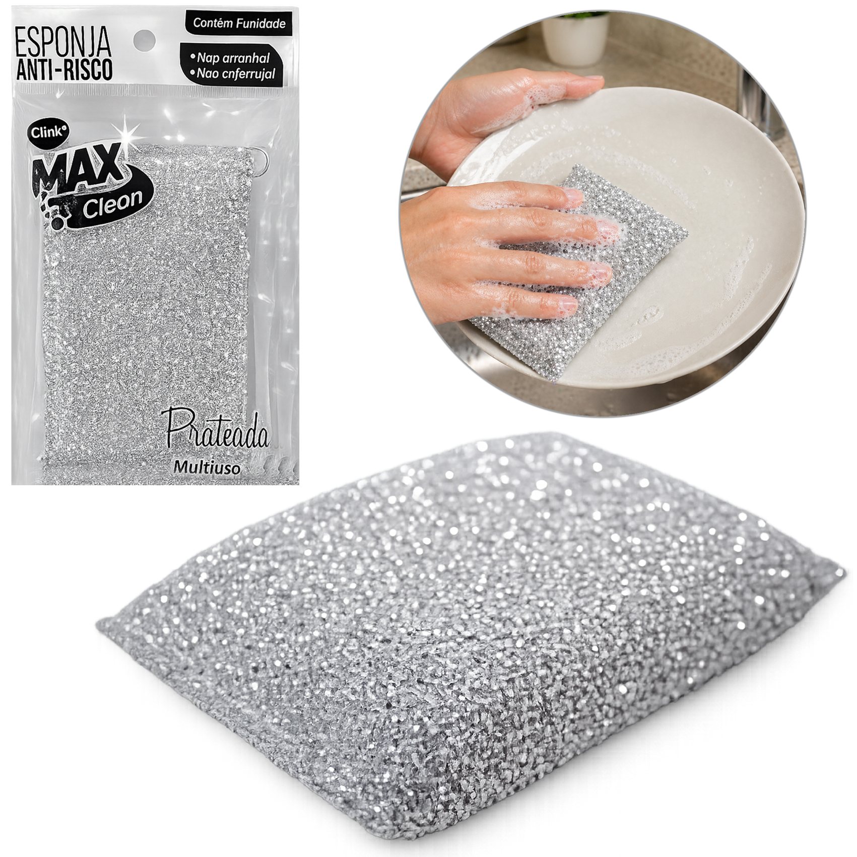 ESPONJA / BUCHA PARA LIMPEZA ANTI-RISCO PRATEADA MAX CLEAN 12X7X3CM