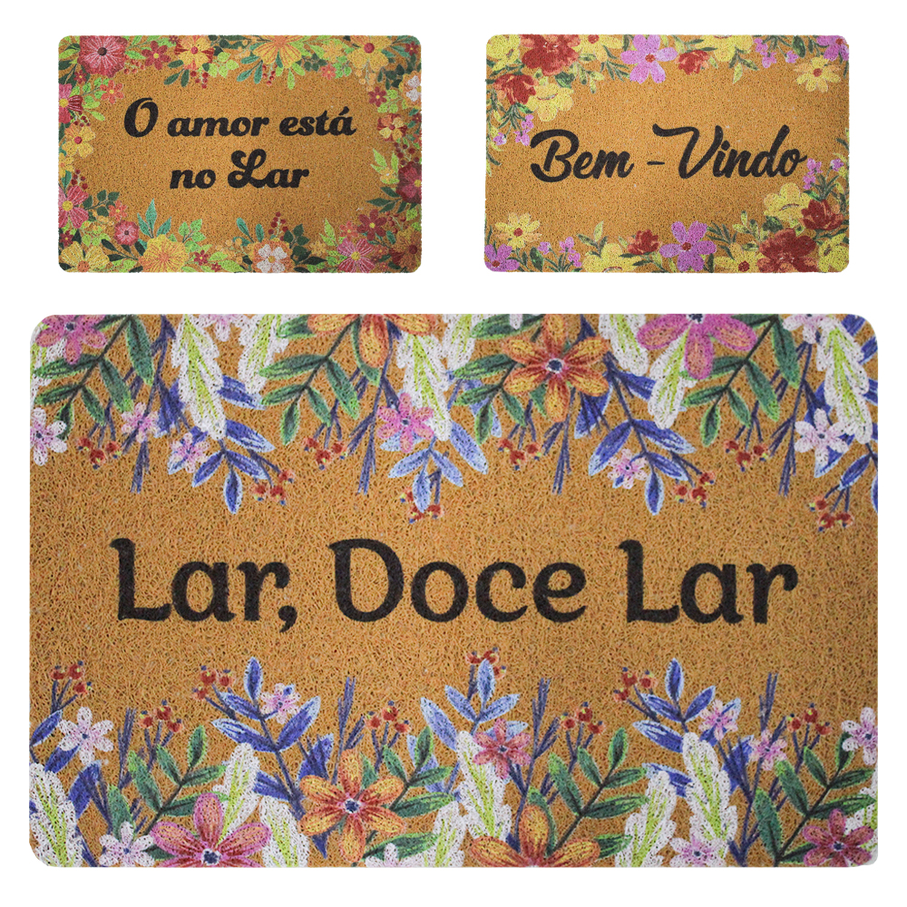 TAPETE CAPACHO DE PISO VINILICO RETANGULAR FRASES FLORAL INOVA 57X37CM FJ91968 FWB