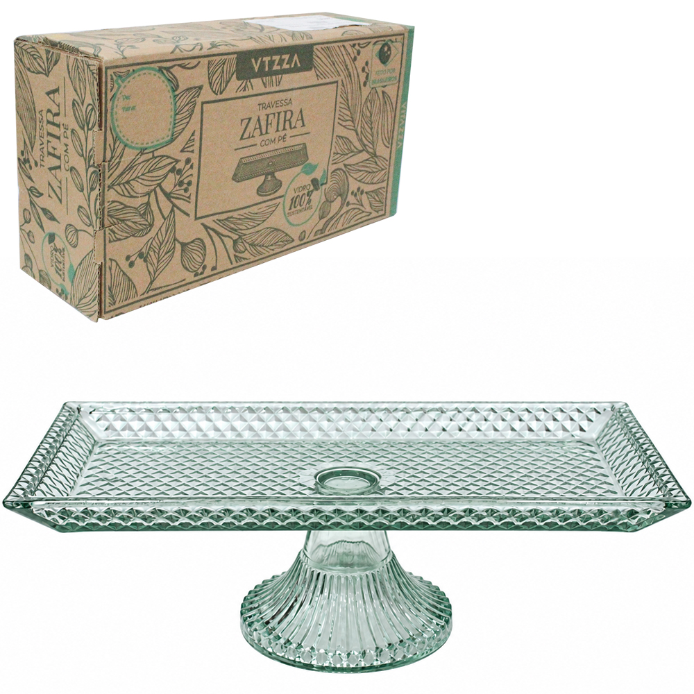 TRAVESSA CENTRO DE MESA DE VIDRO RETANGULAR COM PE NATURAL ZAFIRA DE / PARA 32,5X17X10CM