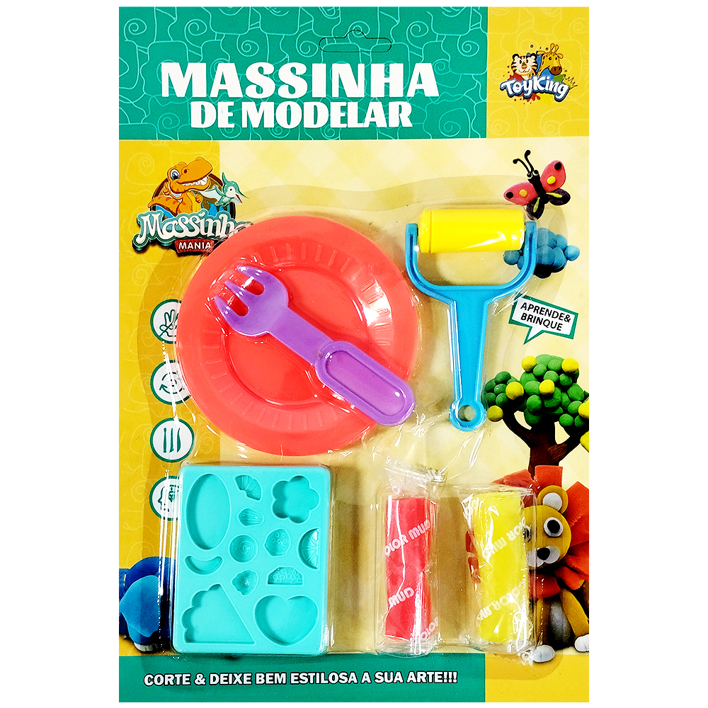 MASSINHA DE MODELAR COM 2 CORES + MOLDE + ROLO DE MASSA + PRATO E GARFO