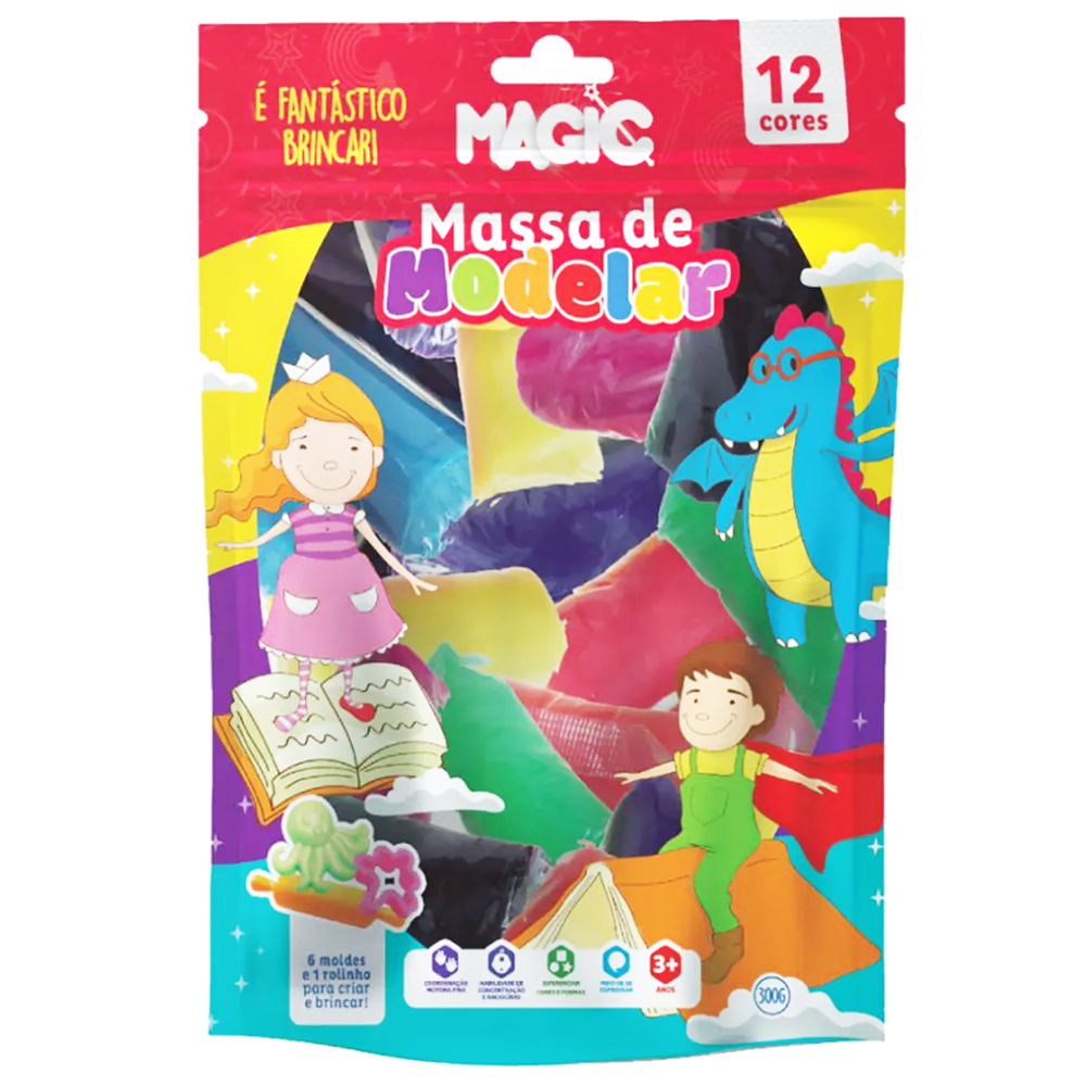 MASSINHA DE MODELAR COM 12 CORES 300G + 6 MOLDE E ROLO DE MASSA