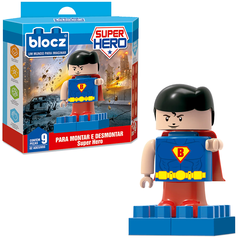 BLOCOS DE MONTAR BLOCKS SUPER HERO COM 2 ADESIVOS E 9 PECAS