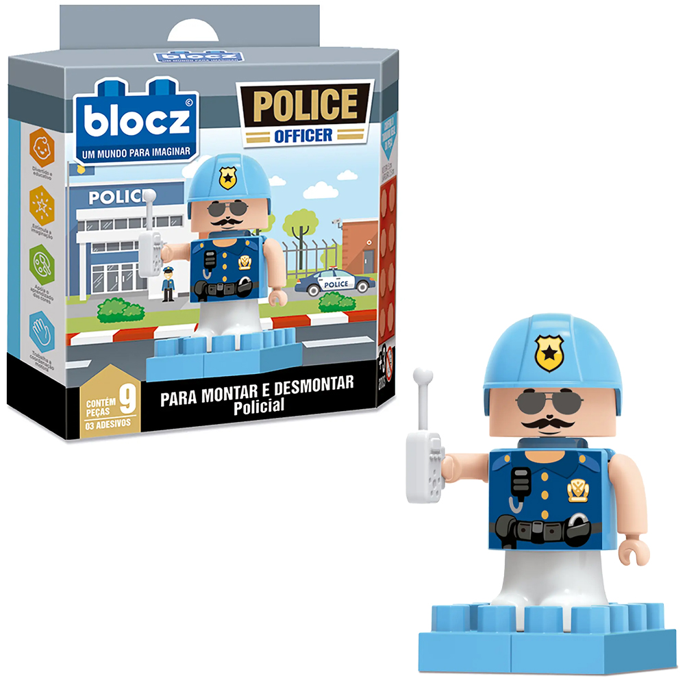 BLOCOS DE MONTAR BLOCKS POLICIAL POLICE OFFICER COM 3 ADESIVOS E 9 PECAS