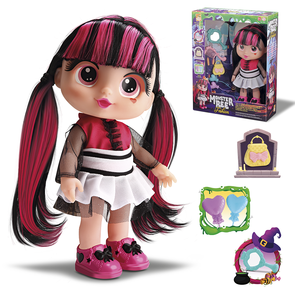 BONECA MONSTER BEE FASHION VAMPIRA COM BOLSA + ESPELHO E ACESSORIOS 6 PECAS