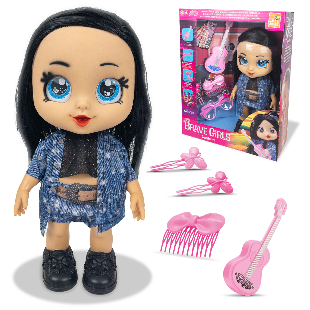 BONECA ANNA BRAVE GIRLS CANTORA COM VIOLAO CAVAQUINHO + OCULOS E ACESSORIOS 8 PECAS