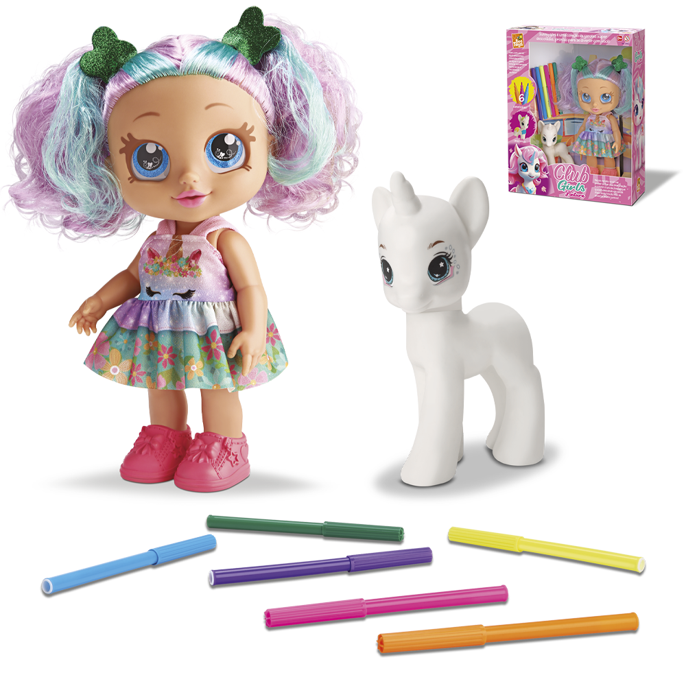 BONECA CLUB GIRLS PINTURA COM 6 CANETINHAS HIDROCOR + UNICORNIO DE VINIL