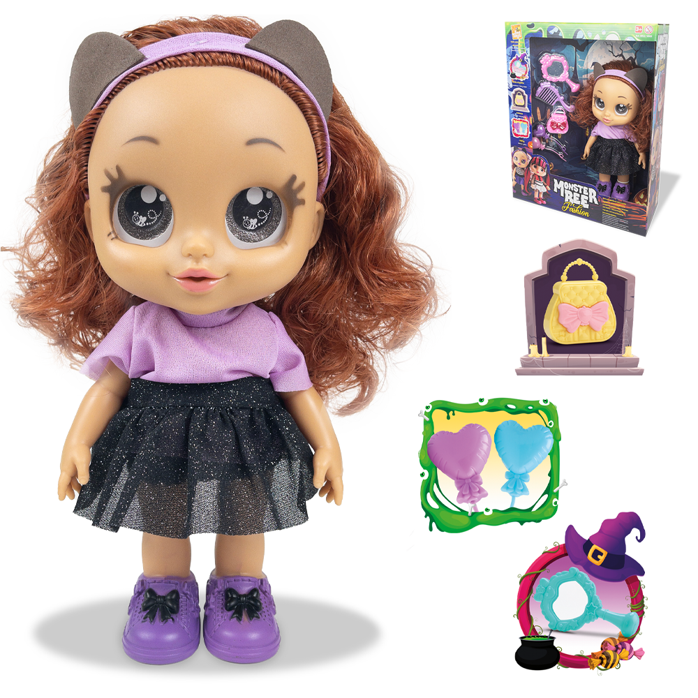 BONECA MONSTER BEE FASHION LOBINHA COM BOLSA + ESPELHO E ACESSORIOS 6 PECAS