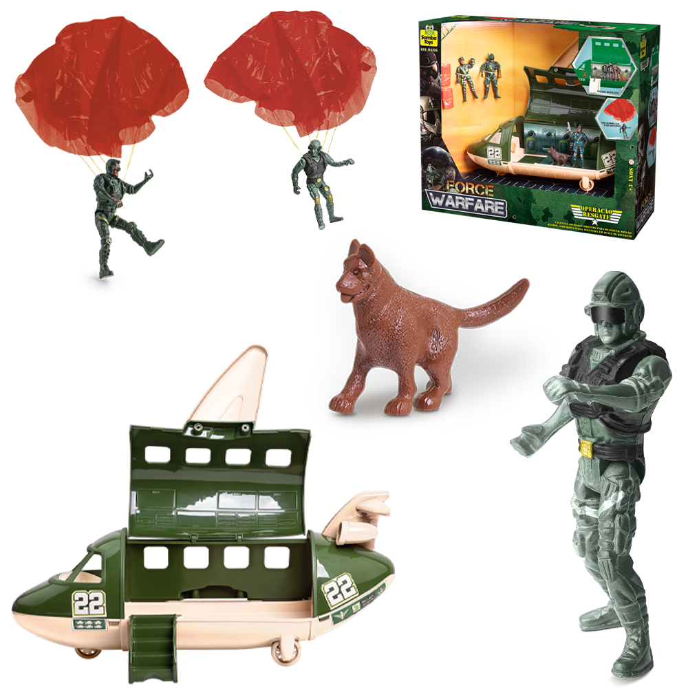 AVIAO MILITAR FORCE WARFARE + 3 BONECO SOLDADO COM PARAQUEDAS E CACHORRO