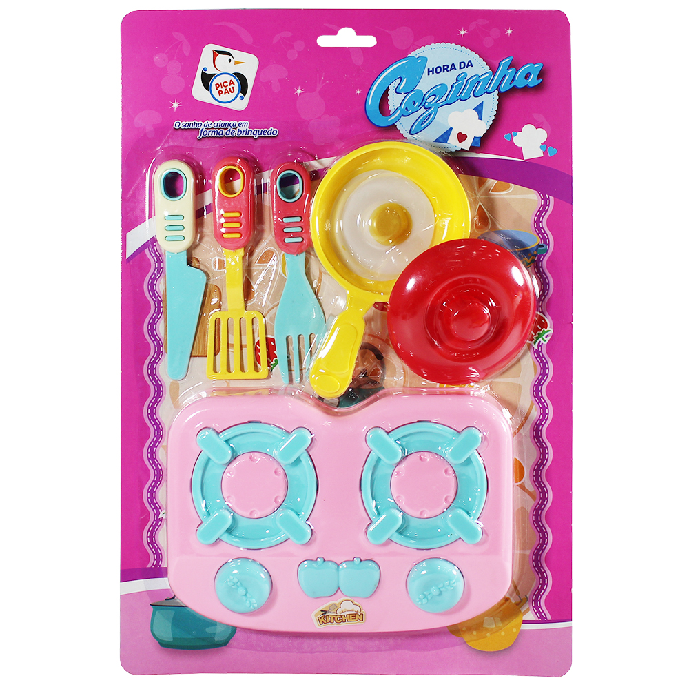 KIT COZINHA INFANTIL COM FOGAO + FRIGIDEIRA E ACESSORIOS HORA DA COZINHA 7 PECAS