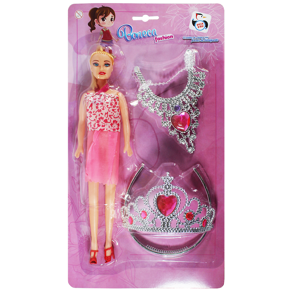 BONECA FASHION COM VESTIDO + TIARA E ACESSORIO