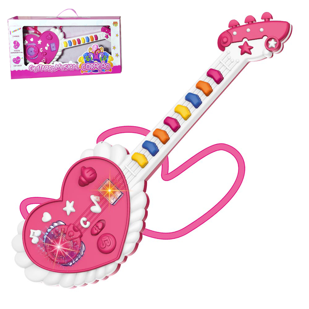 GUITARRA MUSICAL INFANTIL CORACAO COM LUZ A PILHA