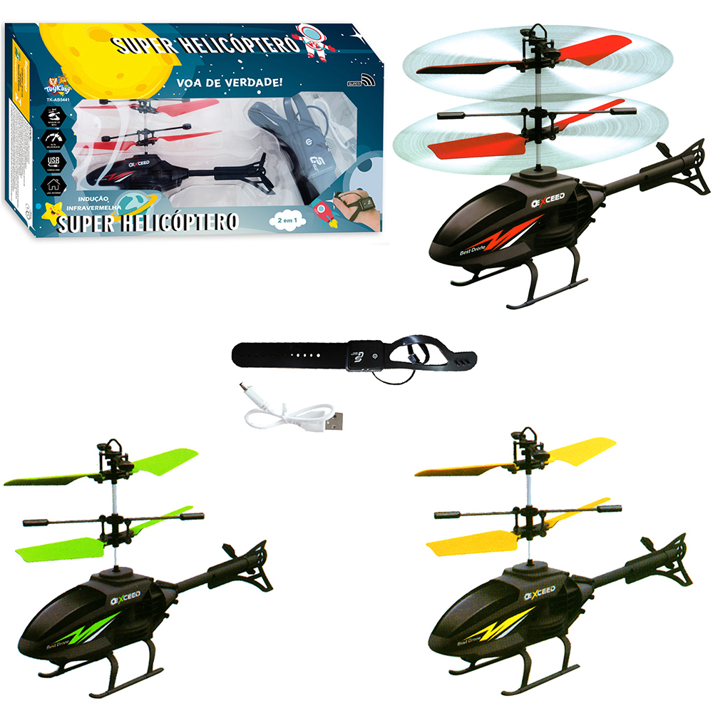 HELICOPTERO DRONE COM SENSOR DE APROXIMACAO + CONTROLE REMOTO PULSEIRA RECARREGAVEL E CABO USB