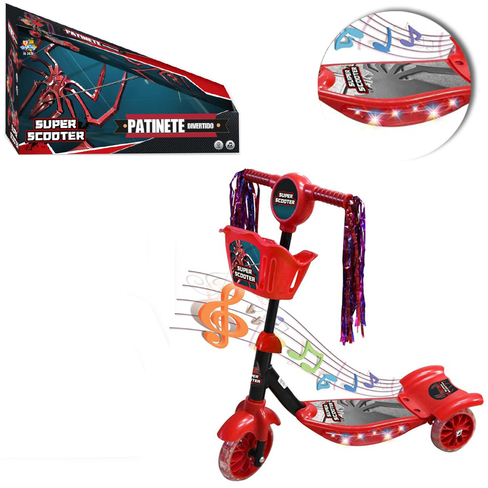 PATINETE SUPER SCOOTER COM 3 RODAS E CESTINHA + SOM E LUZ A PILHA 62X60X19CM