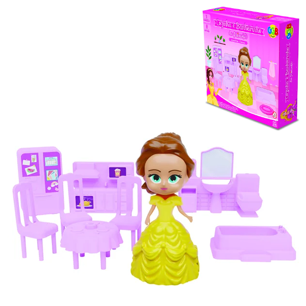 KIT MOVEIS INFANTIL COM BONECA + ACESSORIOS COZINHA E BANHEIRINHO + 8 ADESIVOS E 13 PECAS 