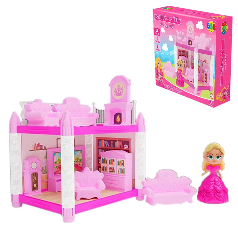 KIT MOVEIS INFANTIL COM BONECA + ACESSORIOS SALINHA DE TV DA PRINCESA + 8 ADESIVOS E 39 PECAS