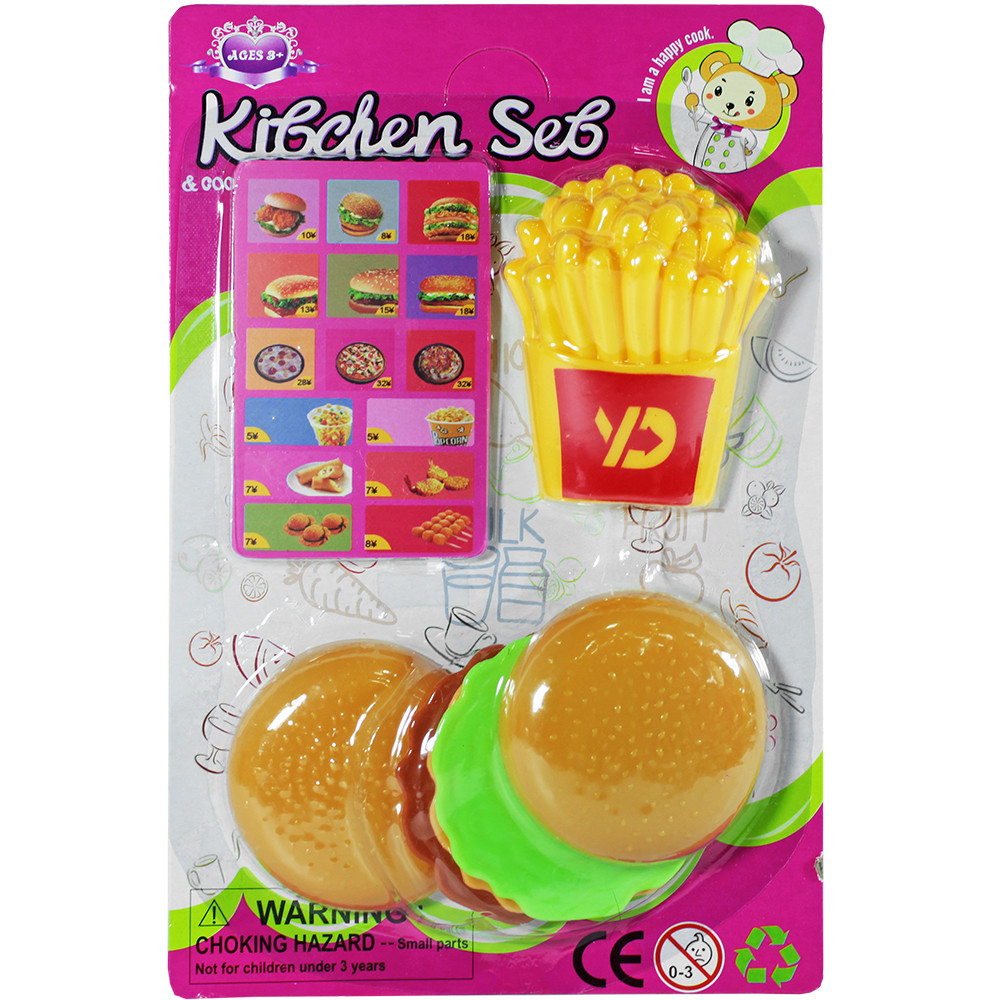 KIT COZINHA INFANTIL COM LANCHE HAMBURGUER + BATATA FRITA KITCHEN SET 7 PECAS 