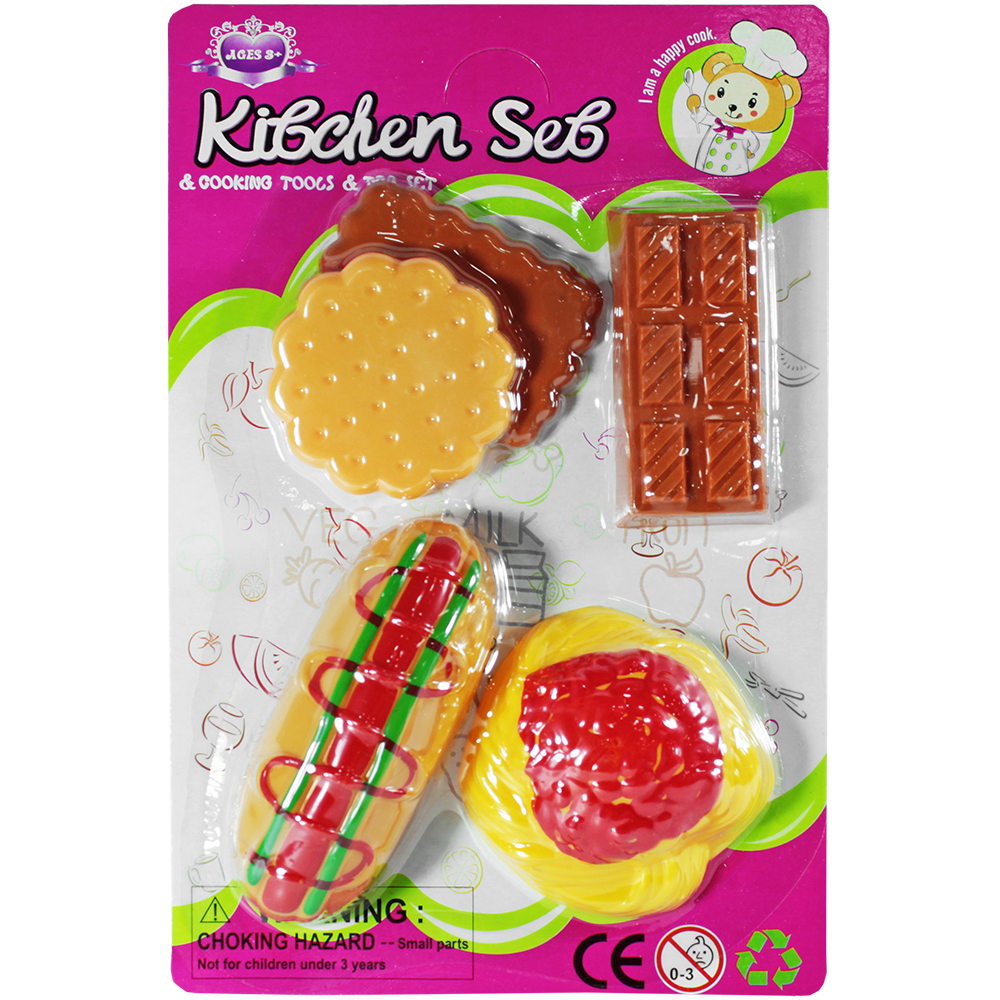 KIT COZINHA INFANTIL COM LANCHE CACHORRO QUENTE + BOLACHA E ACESSORIOS KITCHEN SET 5 PECAS 