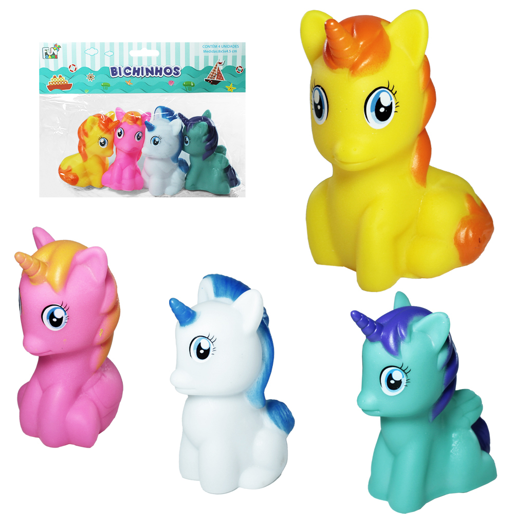 KIT ANIMAL UNICORNIO DE VINIL COM SOM 4 PECAS 8X5X4,5CM