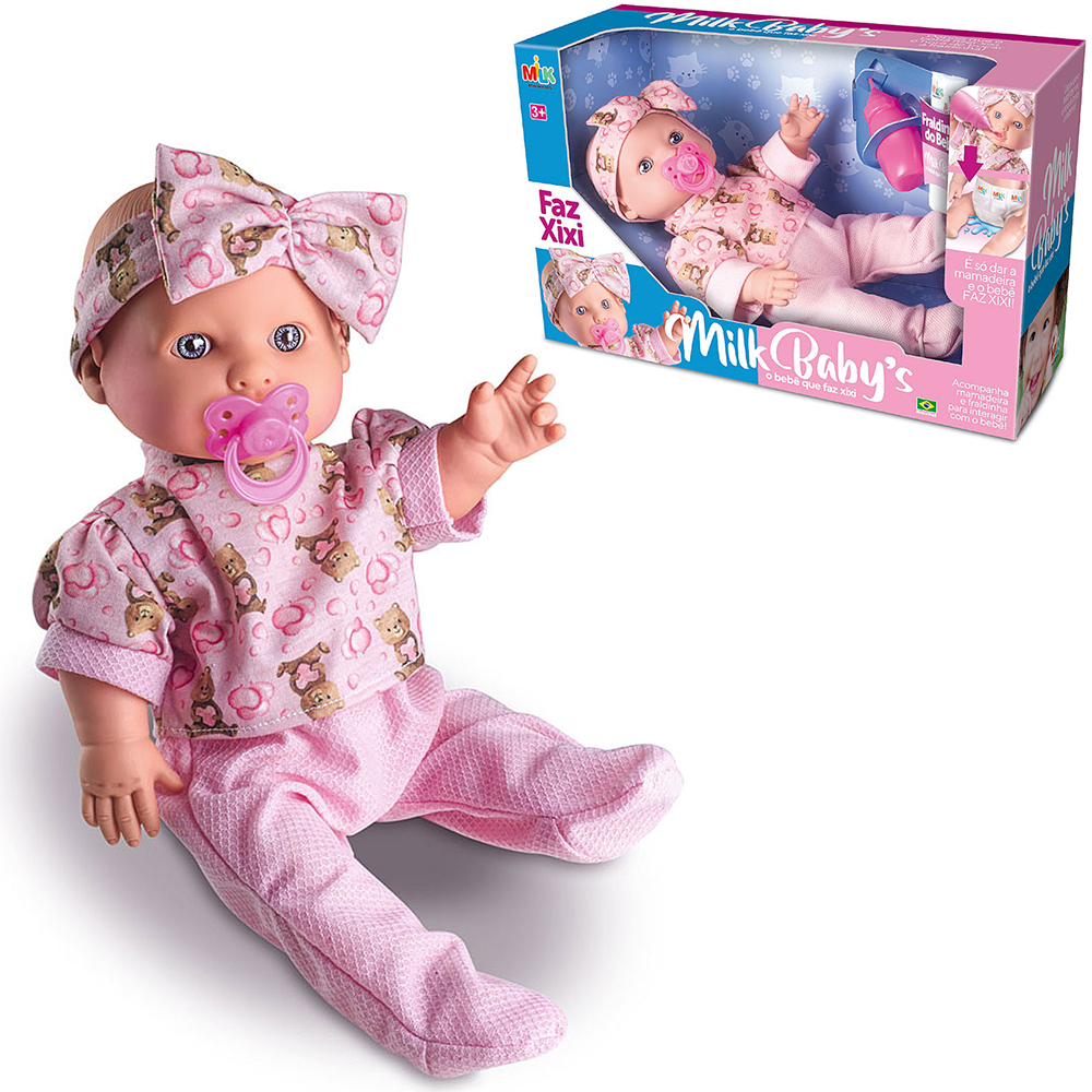 BONECA MILK BABY'A FAZ XIXI COM FRALDA + MAMADEIRA E CHUPETA