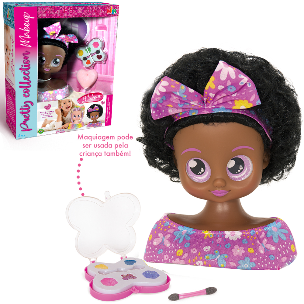 BONECA PRETTY COLLECTION MAKEUP NEGRA COM ESTOJO DE MAQUIAGEM + SOMBRA + PINCEL E ESPONJA 