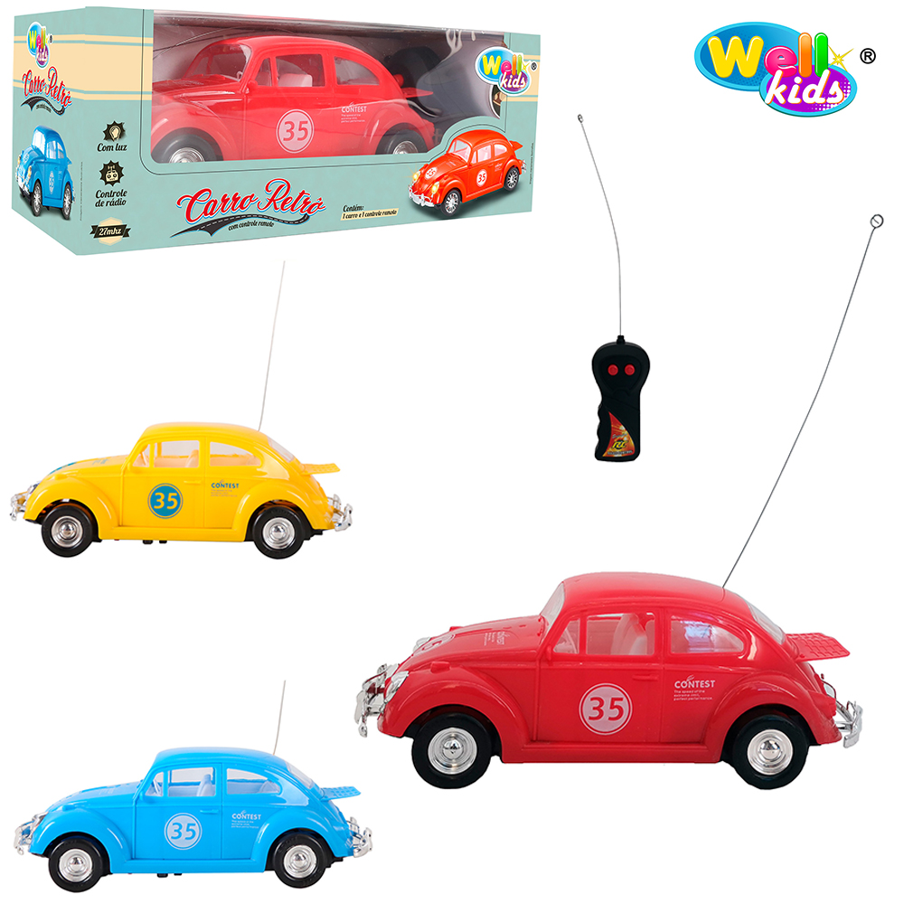 CARRO COM CONTROLE REMOTO SEM FIO FUSCA RETRO 3 FUNCOES COM LUZ A PILHA 