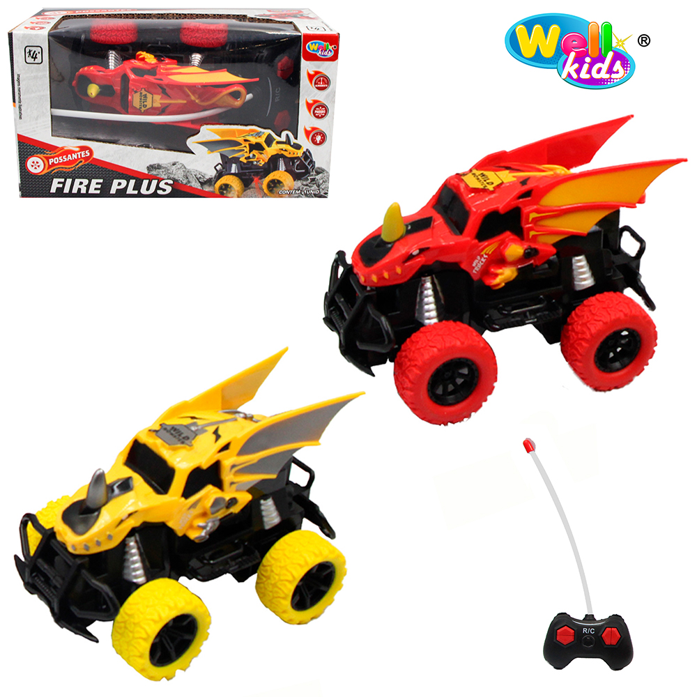 CARRO COM CONTROLE REMOTO SEM FIO DINOSSAURO FIRE PLUS 7 FUNCOES A PILHA