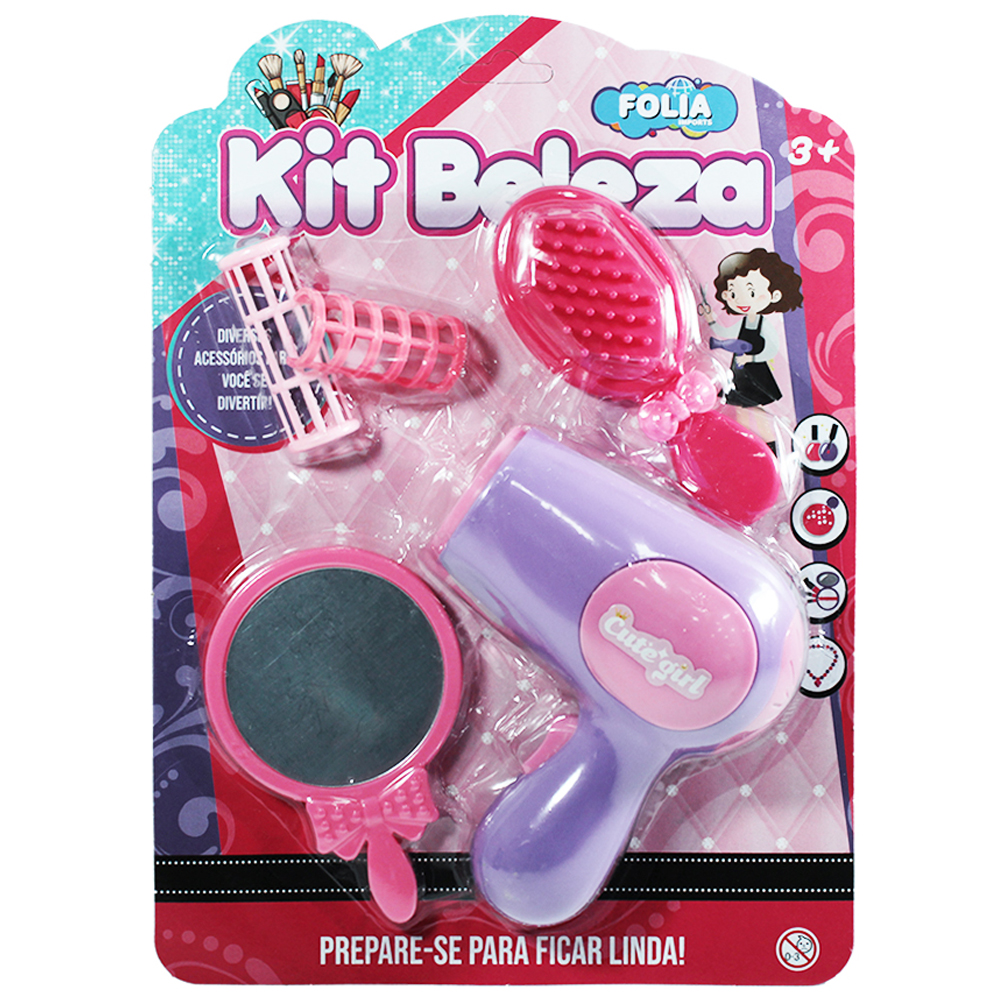 KIT BELEZA INFANTIL COM SECADOR + ESPELHO E ACESSORIOS 5 PECAS 