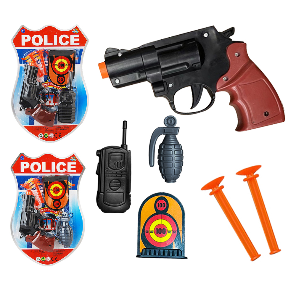 PISTOLA / REVOLVER LANCA DARDO VENTOSA COM 2 DARDOS + RADIO E ALVO POLICE TOYKING