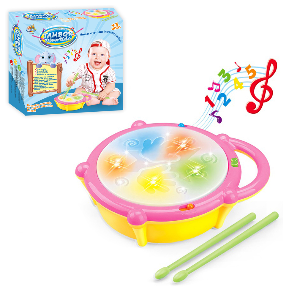 TAMBOR MUSICAL BABY INFANTIL COM BAQUETA E LUZ A PILHA