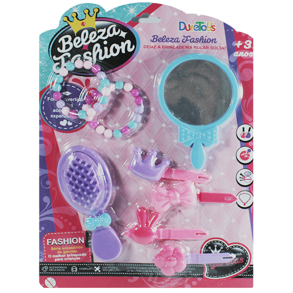 KIT BELEZA INFANTIL COM ESPELHO + ESCOVA E ACESSORIOS BELEZA FASHION 8 PECAS  