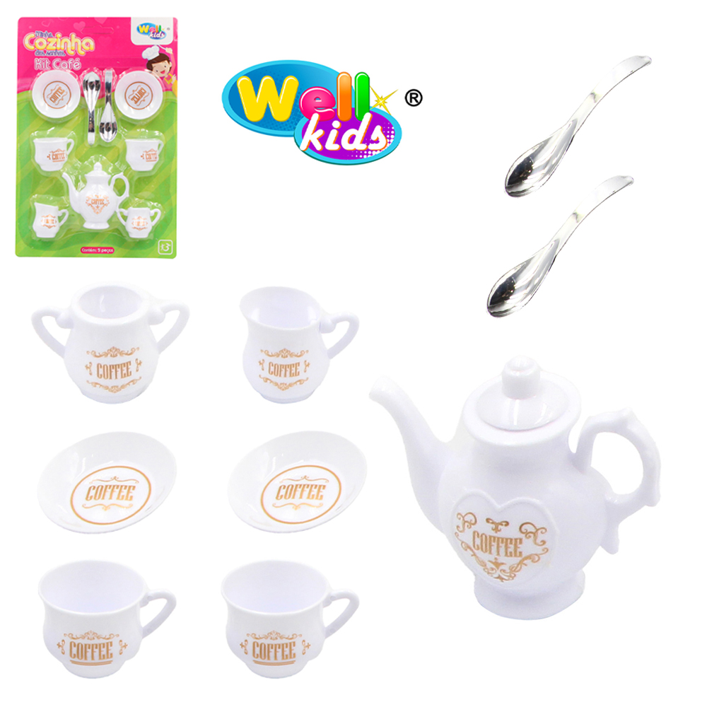 KIT COZINHA INFANTIL CAFEZINHO COM BULE + COLHERES E ACESSORIOS COZINHA DOS SONHOS 9 PECAS