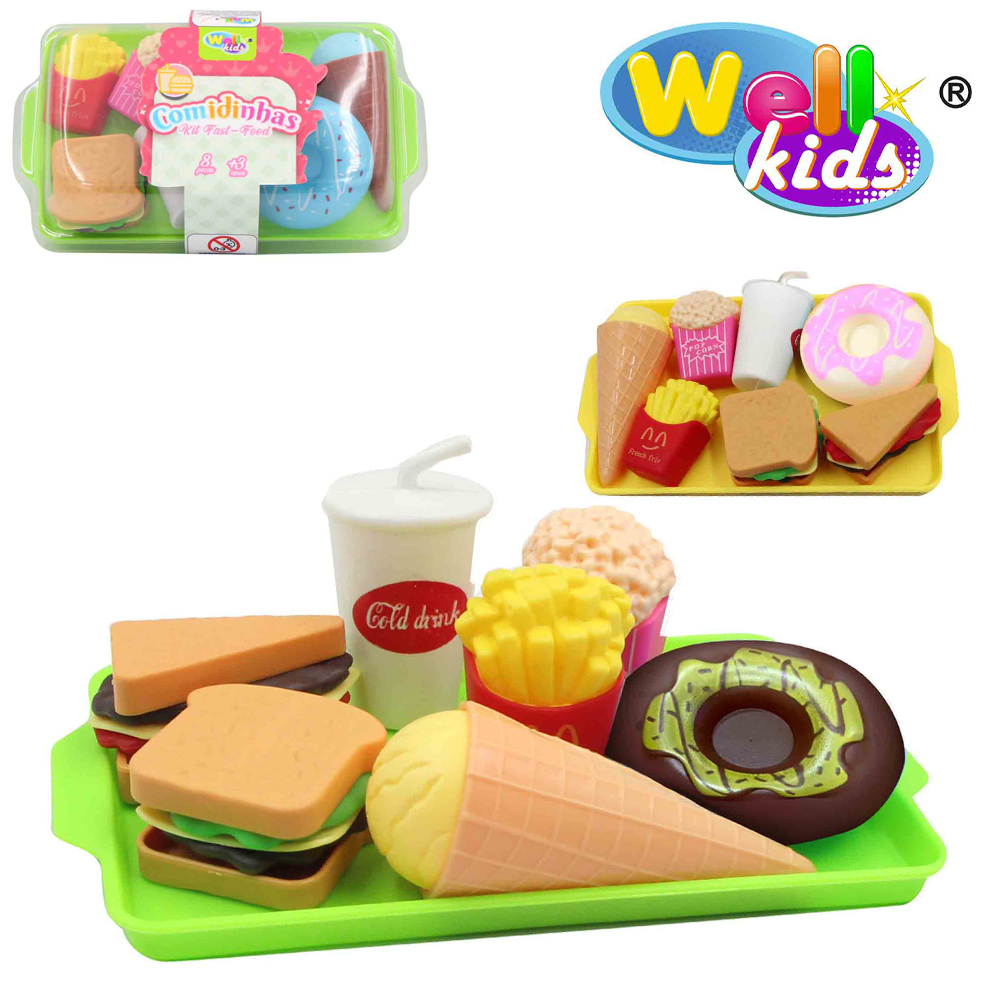 KIT COZINHA INFANTIL COM MISTO QUENTE + BATATA E ACESSORIOS FAST FOOF NA BANDEJA COZINHA DOS SONHOS