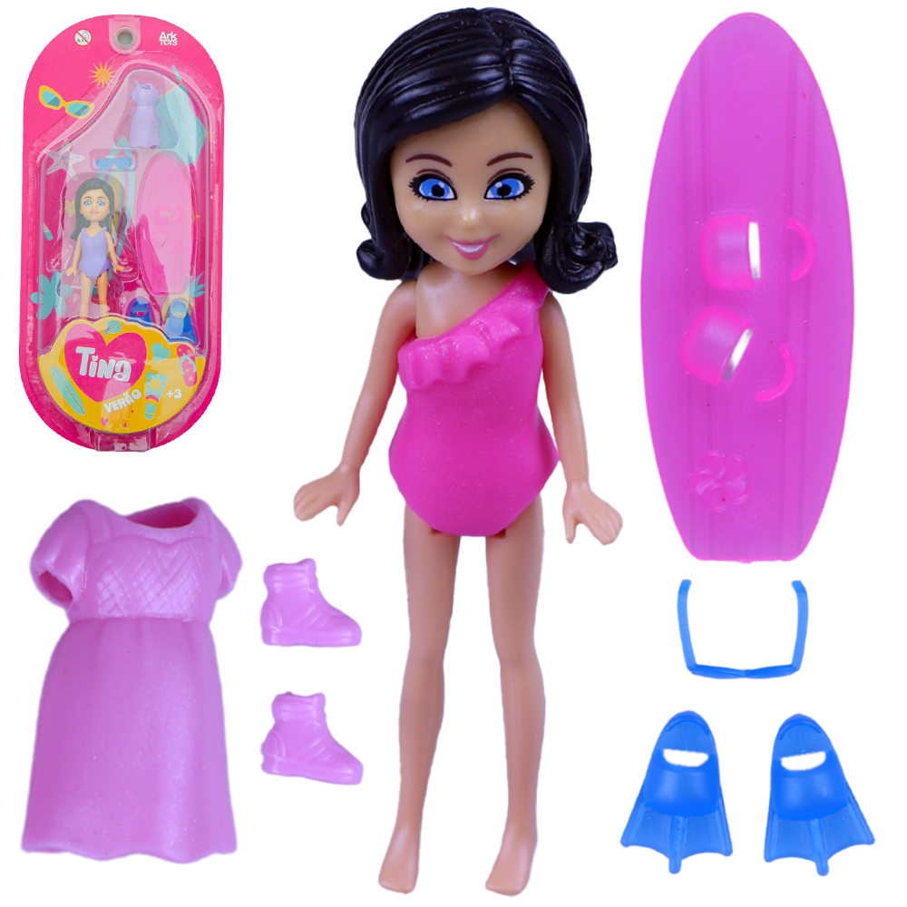 BONECA TINA VERAO COM VESTIDO + PRANCHA DE SURF E ACESSORIOS MONTA E DESCONTA 