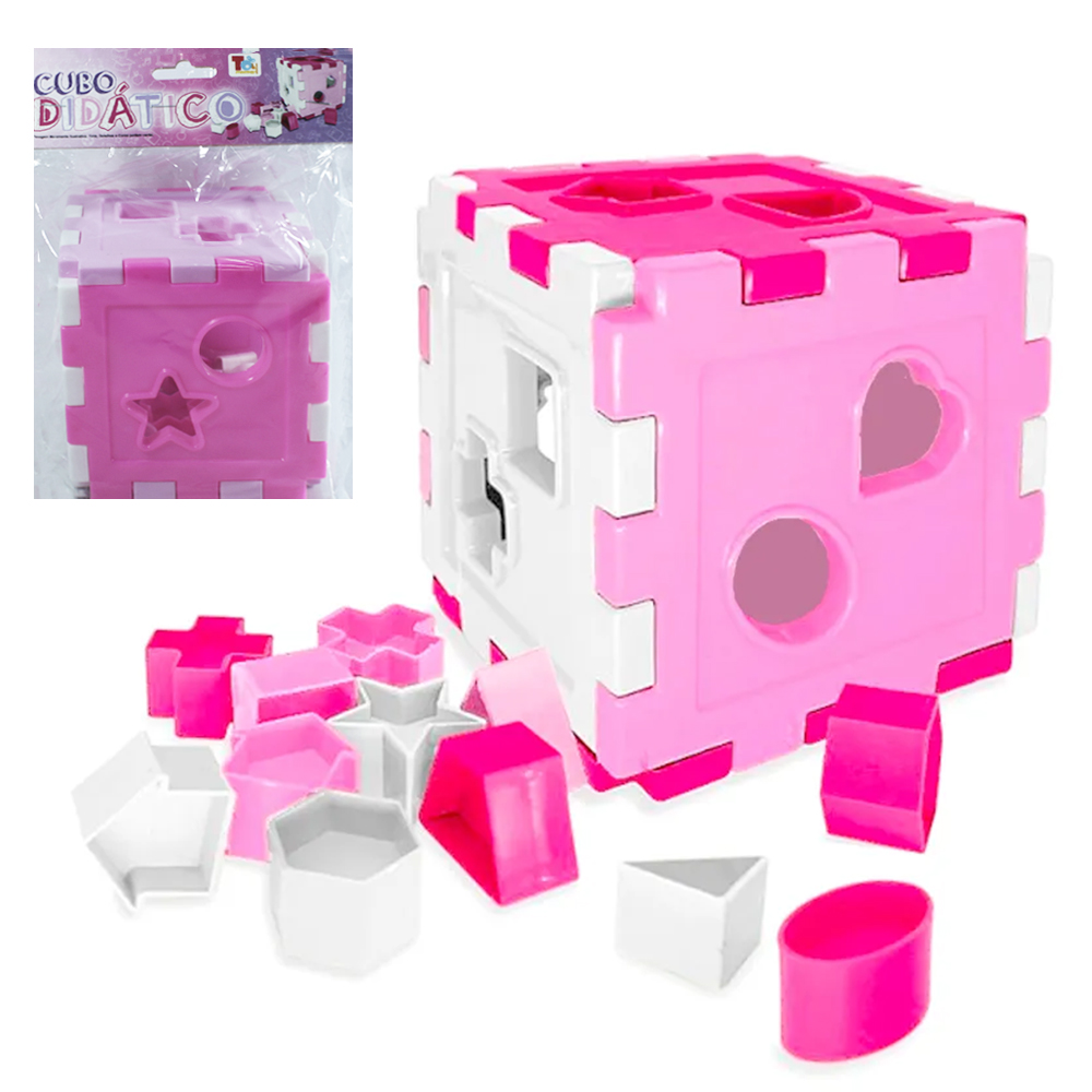 CUBO DE ENCAIXE DIDATICO ROSA BABY 12CM NA SOLAPA