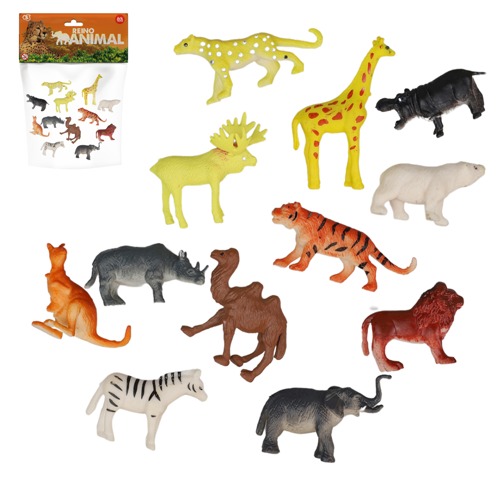 KIT ANIMAL SELVAGEM DE PLASTICO REINO ANIMAL COM 12 PECAS NA SOLAPA