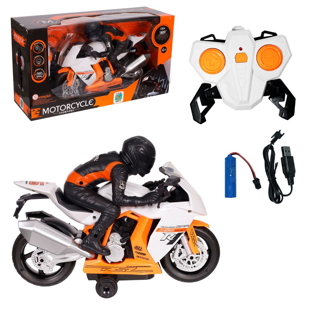 MOTO COM CONTROLE REMOTO SEM FIO MOTORCYCLE CHAMPIONS COM  LUZ E SOM 360 A BATERIA RECARREGAVEL   