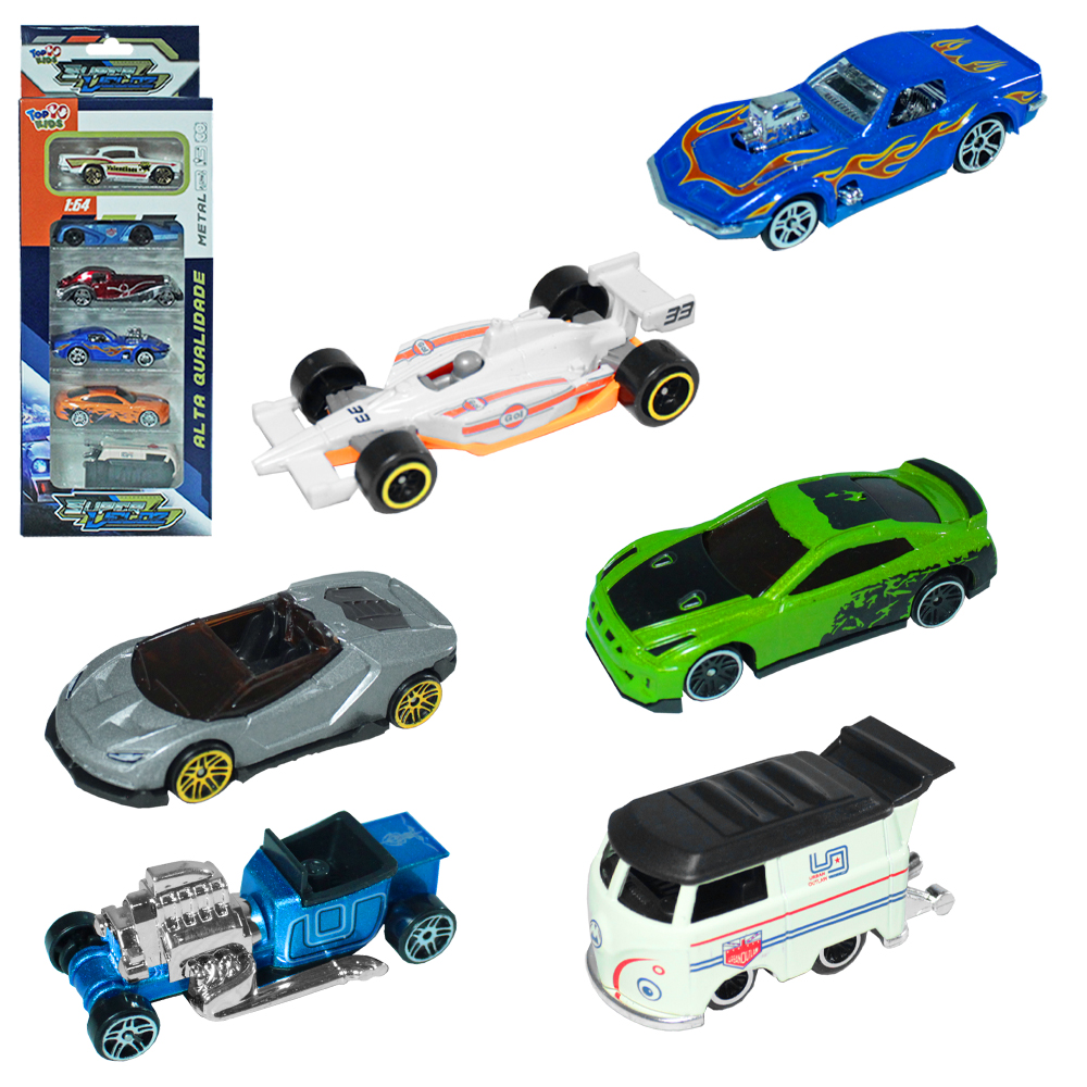 CARRO DE METAL SUPER VELOZ TOP KIDS RODA LIVRE COM 6 PECAS 