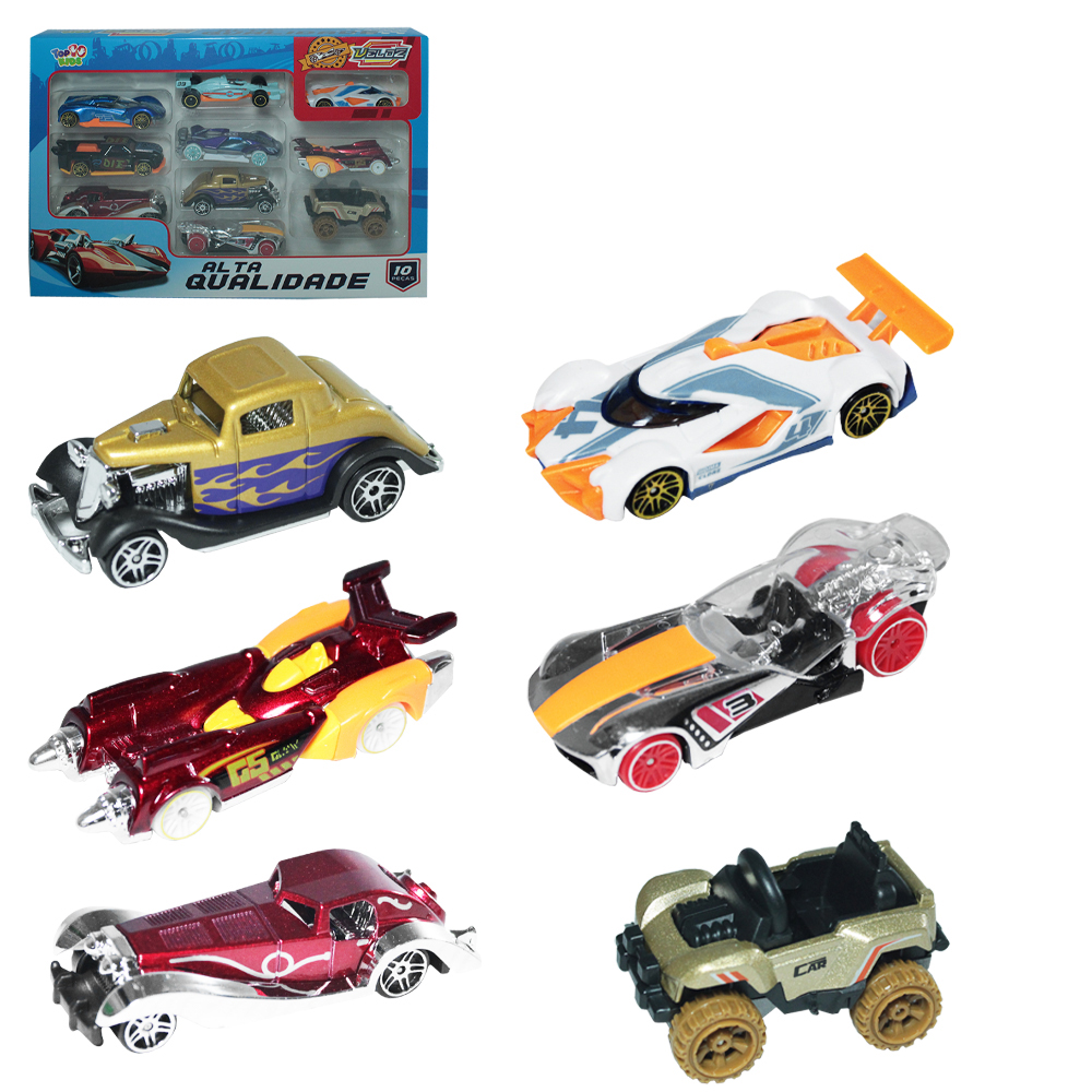 CARRO DE METAL VELOZ TOP KIDS RODA LIVRE COM 10 PECAS 