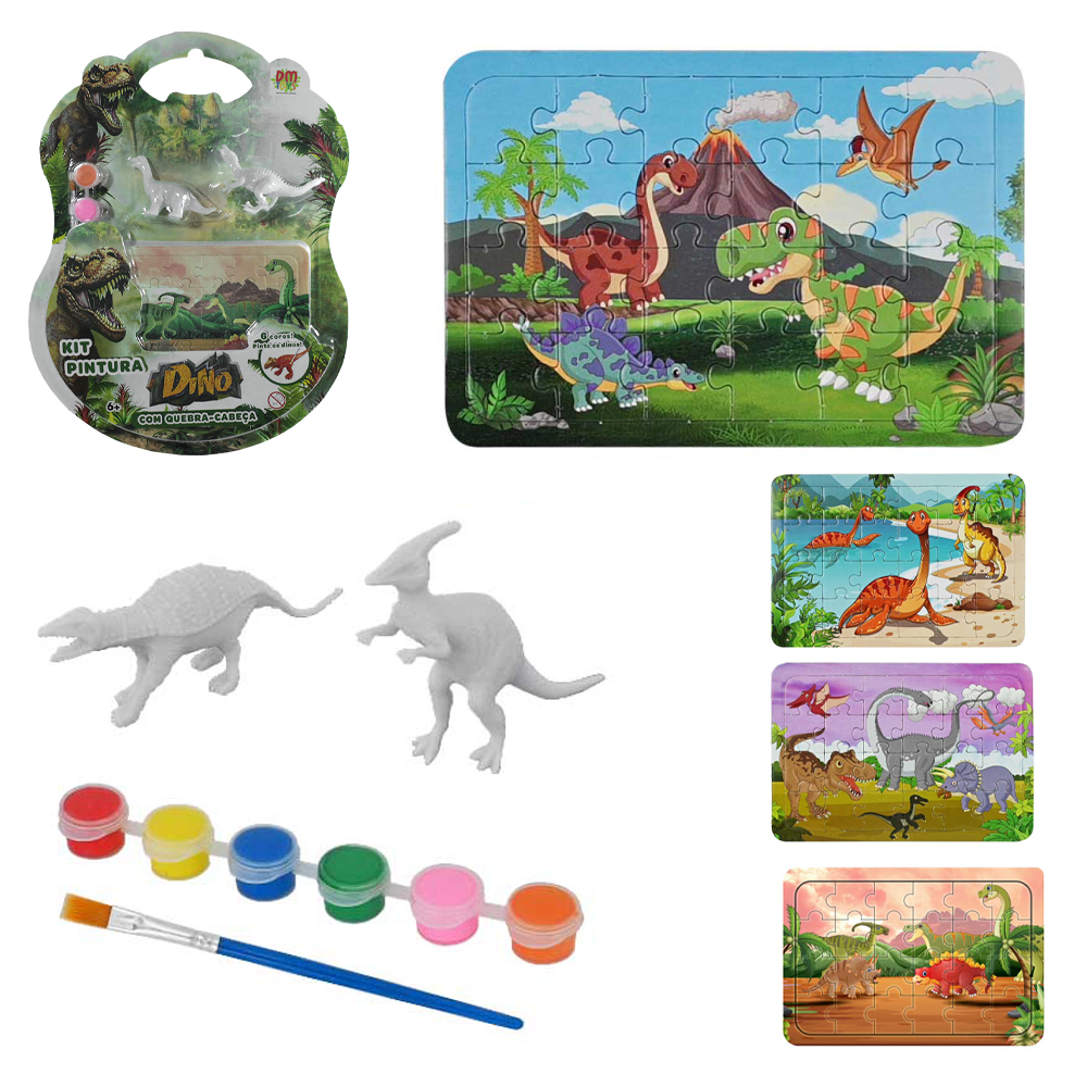 ANIMAL DINOSSAURO COM 2 DINO + 6 TINTAS + PINCEL E QUEBRA CABECA