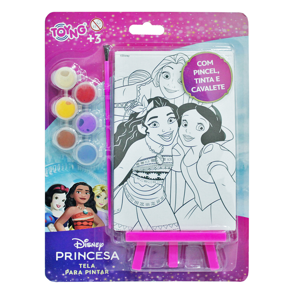 QUADRO COM SUPORTE PARA PINTURA PRINCESAS DISNEY COM TELA + 6 TINTAS E PINCEL