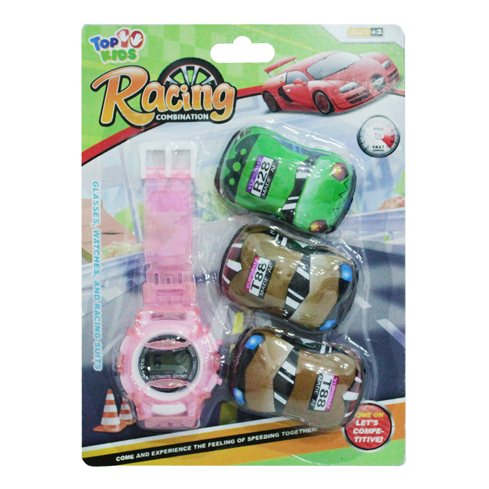 CARRO A FRICCAO PULL BACK + RELOGIO DE PULSO A BATERIA RACING 4 PECAS