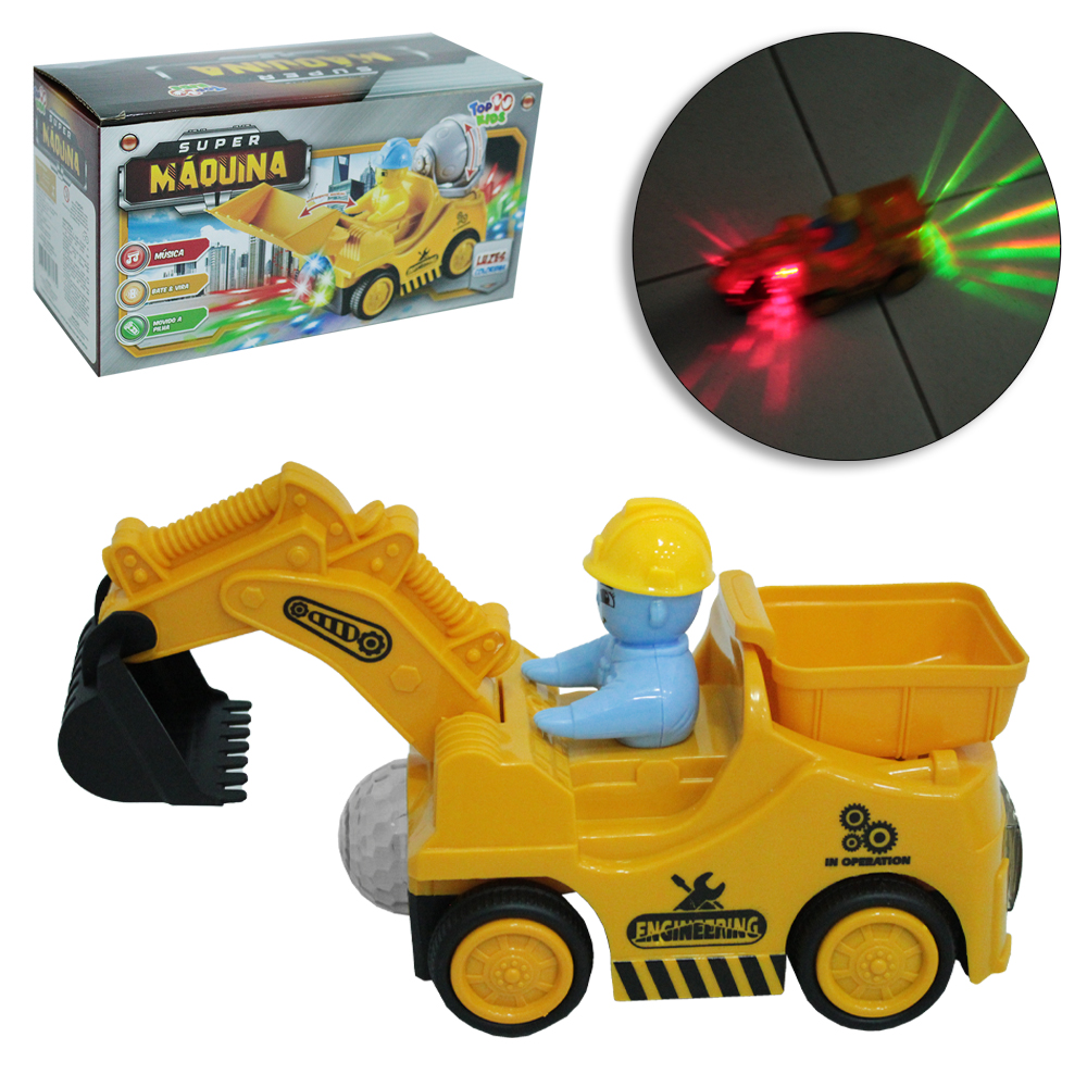 TRATOR RETROESCAVADEIRA COM CACAMBA + BONECO BATE E VOLTA COM SOM E LUZ + GLOBO GIRATORIO TOP KIDS PILHA