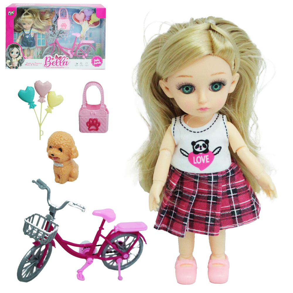 BONECA BELLA LINDA GAROTA COM BICICLETA + CACHORRO E ACESSORIOS 5 PECAS